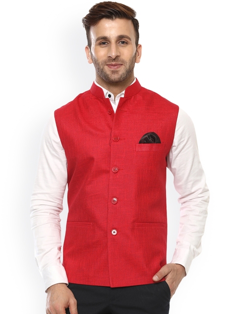 

Hangup Men Red Woven Design Nehru Jacket