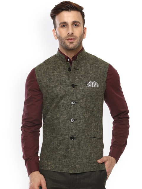 

Hangup Men Green Woven Design Nehru Jacket