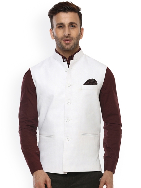 

Hangup Men White Woven Design Nehru Jacket