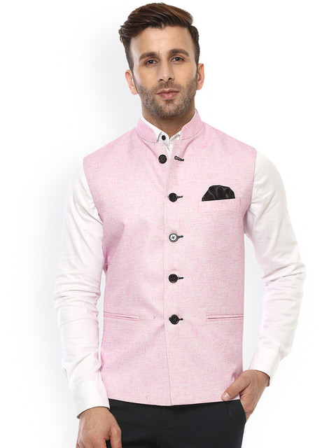 

Hangup Men Pink Woven Design Nehru Jacket