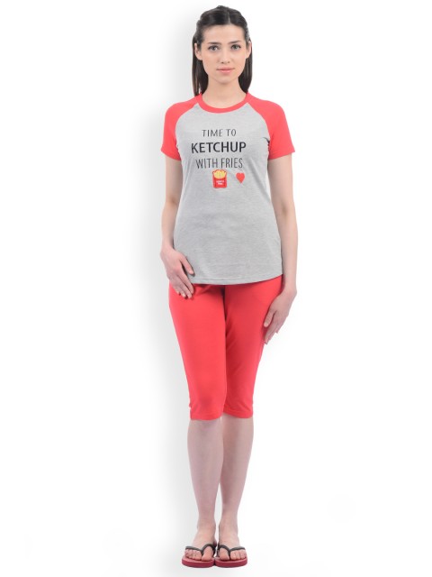 

Sweet Dreams Women Grey Melange & Red Printed Night Suit 215218