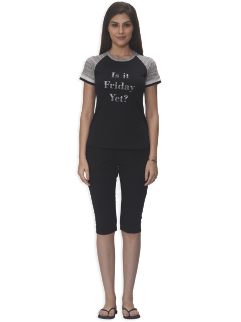 

Sweet Dreams Women Black & Grey Melange Printed Night Suit 216718