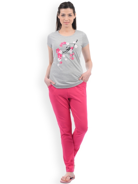 

Sweet Dreams Women Grey Melange & Pink Printed Night Suit 220818