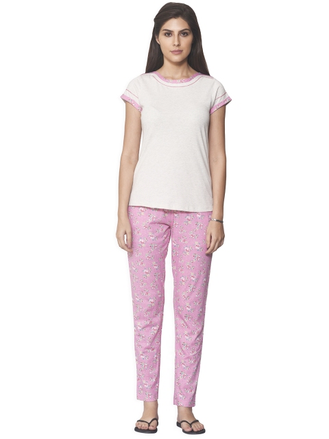 

Sweet Dreams Women Grey Melange & Pink Solid Night Suit