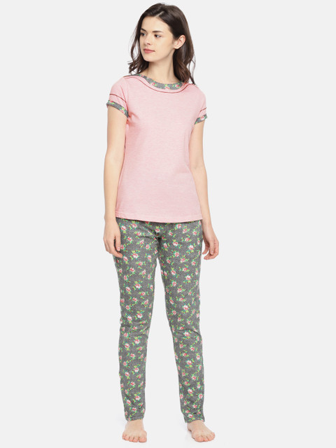 

Sweet Dreams Women Pink & Grey Solid Night Suit