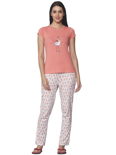 

Sweet Dreams Women Coral Orange & Beige Flamingo Printed Night Suit