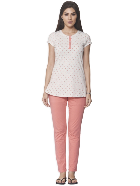 

Sweet Dreams Women Grey Melange & Peach-Coloured Printed Night Suit