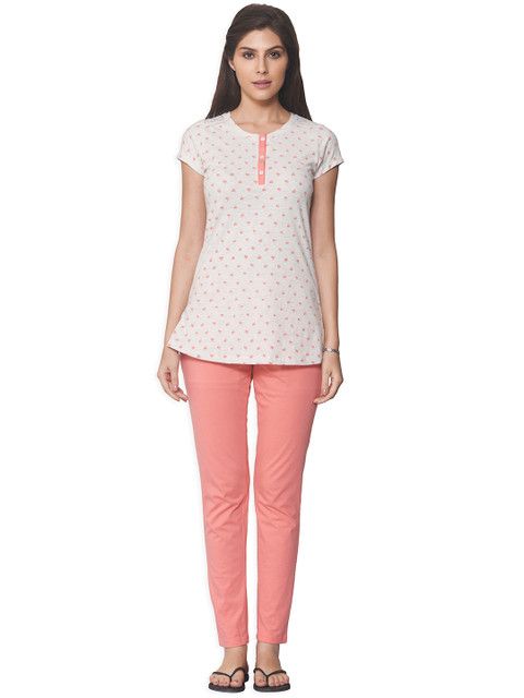 

Sweet Dreams Women Grey Melange & Peach-Coloured Printed Night Suit 224818