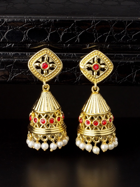 

Voylla Gold-Toned & Red Dome Shaped Handcrafted Jhumkas