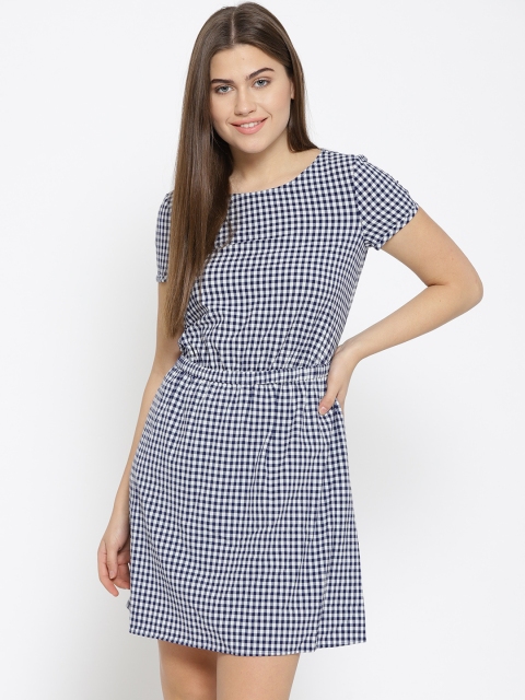 

ESPRIT Women Navy & White Checked Fit & Flare Dress, Navy blue