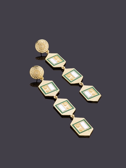 

Studio Voylla Rann Utsav Gold-Toned & Green Geometric Drop Earrings