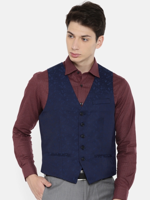

Arrow Navy & Burgundy Woven Design Body Tailored Fit Partywear Waistcoat, Navy blue