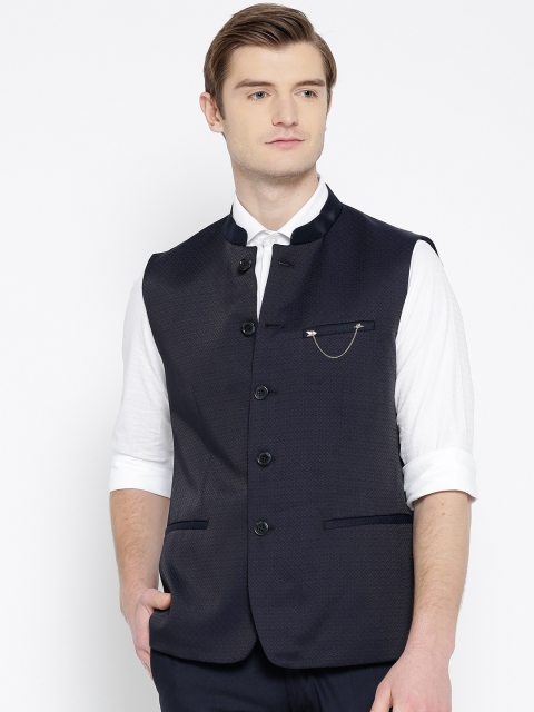 

Arrow Navy Self-Design Body Tailored Fit Smart Casual Nehru Jacket, Navy blue