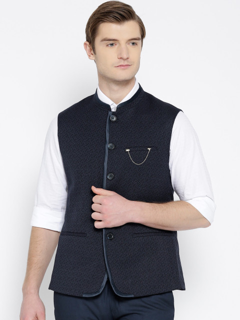 

Arrow Navy Blue Self-Striped Slim Fit Nehru Jacket