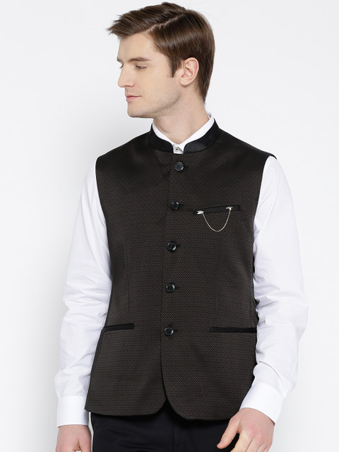 

Arrow Black Self-Design Body Tailored Fit Smart Casual Nehru Jacket