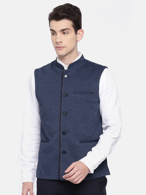 

Arrow Navy Blue Self-Design Nehru Jacket