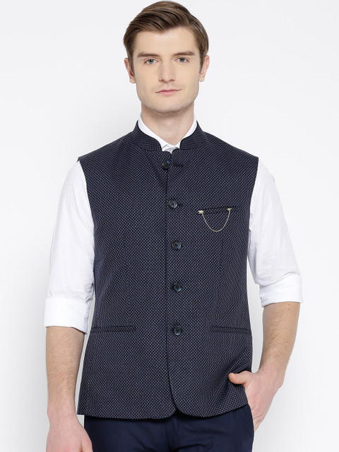 

Arrow Navy Blue Self-Design Slim Fit Pure Cotton Nehru Jacket