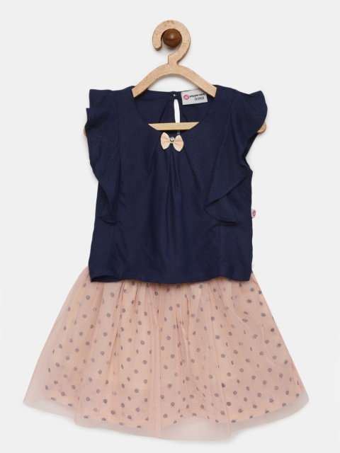 

Peppermint Girls Peach-Coloured & Blue Solid Top with Skirt