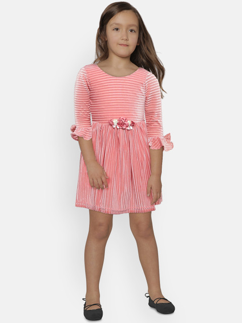 

Peppermint Girls Peach-Coloured Striped Fit and Flare Dress