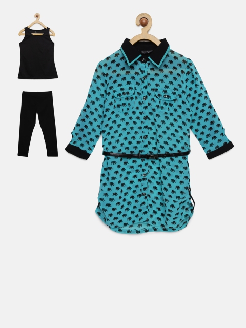 

Peppermint Girls Sea Green & Black Printed Shirt with Trousers