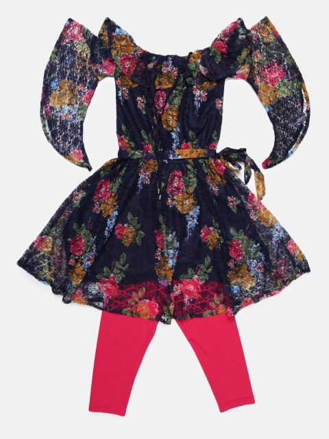 

Peppermint Girls Navy Blue Printed Fit & Flare Cold Shoulder Dress with Leggings
