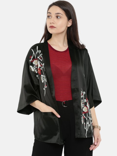 

Vero Moda Black Self Design Open Front Embroidered Shrug