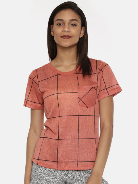 

Vero Moda Women Rust Red Checked Round Neck T-shirt