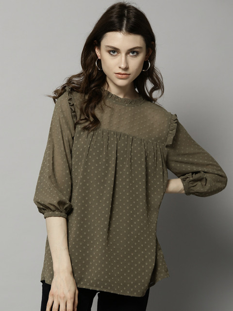 

Marks & Spencer Women Olive Green Self-Design Semi-Sheer Top