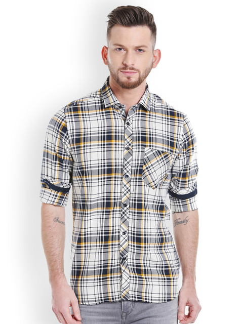 

Killer Men Yellow & Navy Blue Slim Fit Checked Casual Shirt