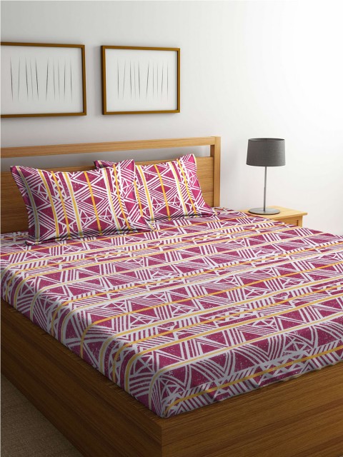 

MAFATLAL Pink & White Abstract Flat 144 TC Cotton 1 King Bedsheet with 2 Pillow Covers