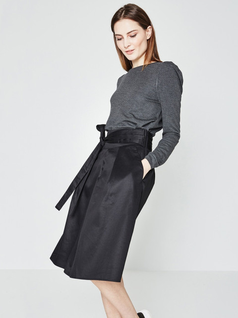 

promod Black Solid A-Line Pure Cotton Skirt