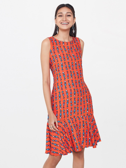 

Global Desi Women Orange Printed A-Line Dress