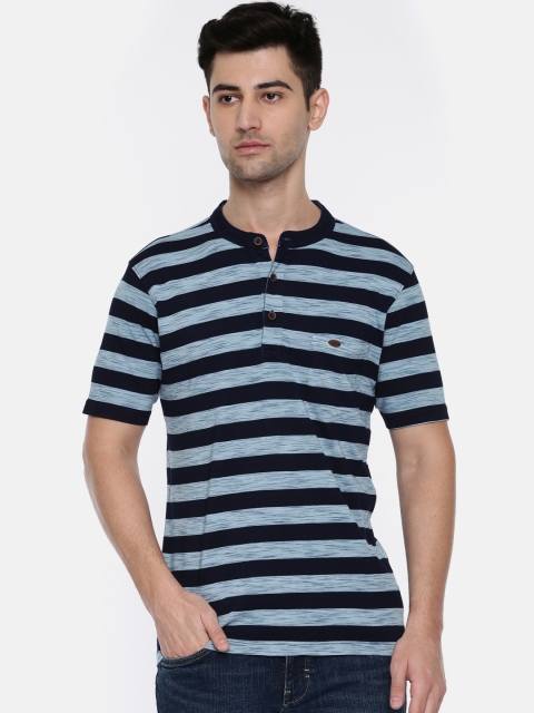

ColorPlus Men Navy Striped Henley Neck T-shirt, Navy blue