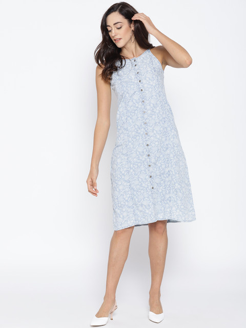 

People Women Blue & White Printed A-Line Dress
