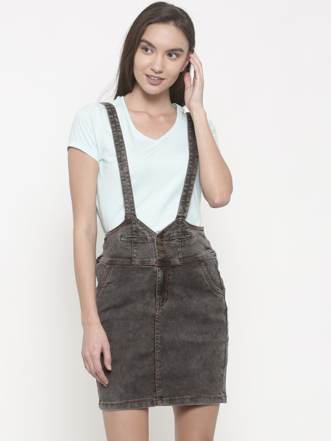 

People Women Grey Washed Pinafore Denim Dress