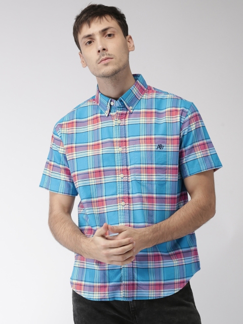 

Aeropostale Men Turquoise Blue & Coral Orange Regular Fit Checked Casual Shirt