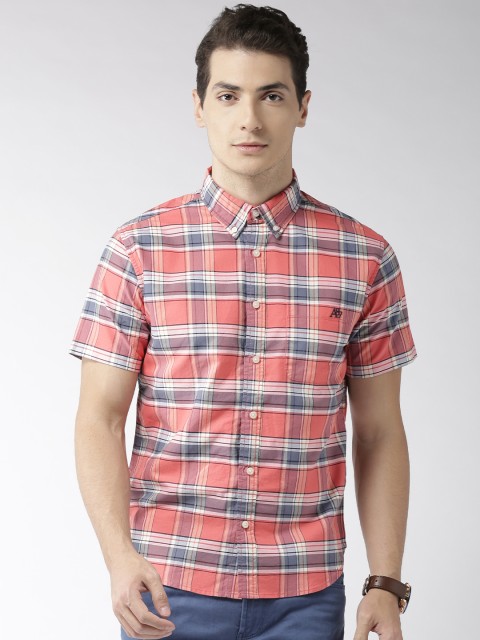

Aeropostale Men Coral Orange & Blue Regular Fit Checked Casual Shirt
