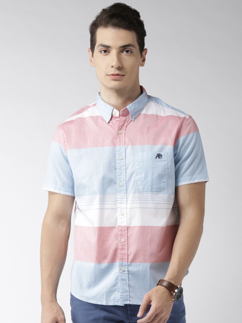 

Aeropostale Men Blue & Coral Pink Regular Fit Striped Casual Shirt