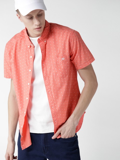 

Aeropostale Men Coral Orange & White Printed Regular Fit Casual Shirt