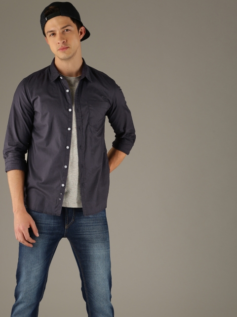 

Flying Machine Men Navy Slim Fit Solid Casual Shirt, Navy blue