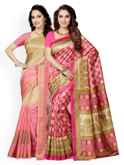 

Ishin Selection of 2 Art Silk Printed Sarees, Pink