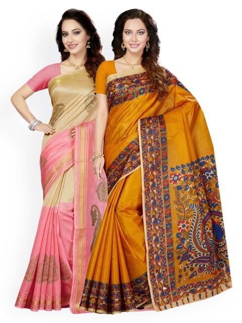 

Ishin Selection of 2 Art Silk Printed Sarees, Yellow