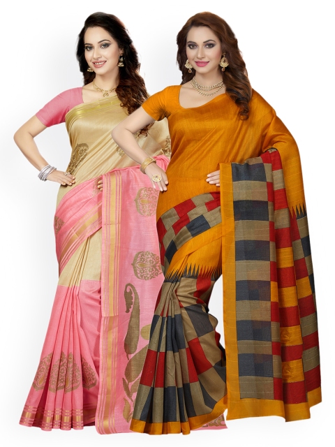 

Ishin Selection of 2 Art Silk Printed Sarees, Pink
