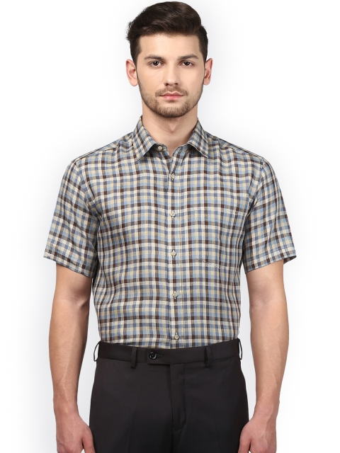 

Park Avenue Men Grey & Brown Linen Regular Fit Checked Formal Shirt