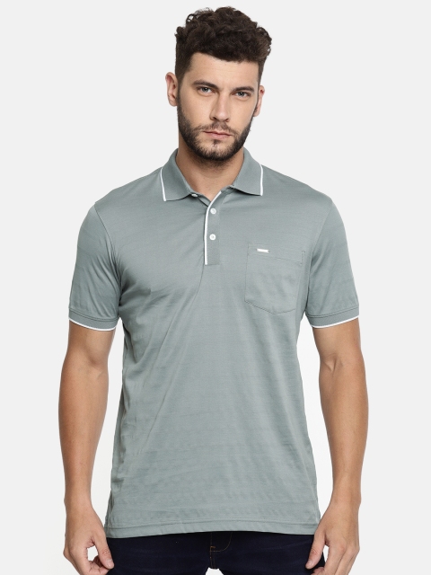 

Park Avenue Men Grey Self-Striped Polo Collar T-shirt