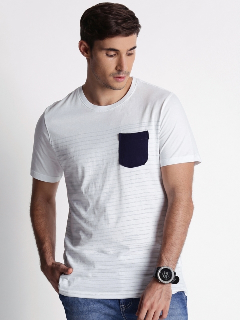 

Urban Ranger by pantaloons Men White Striped Round Neck Pure Cotton T-shirt