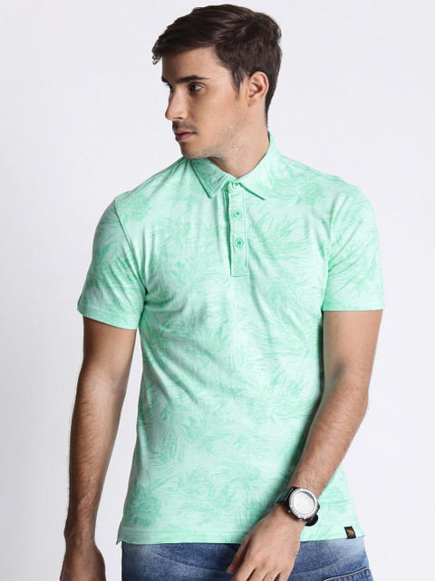 

Urban Ranger by pantaloons Men Sea Green Printed Polo Collar Pure Cotton T-shirt