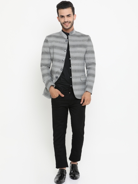 

SHOWOFF Men Grey Printed Slim Fit Single-Breasted Ethnic Bandhgala Blazer