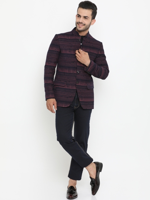 

SHOWOFF Men Navy Blue & Pink Printed Slim Fit Single-Breasted Casual Blazer