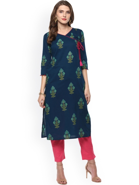 

Janasya Women Blue Printed Straight Kurta